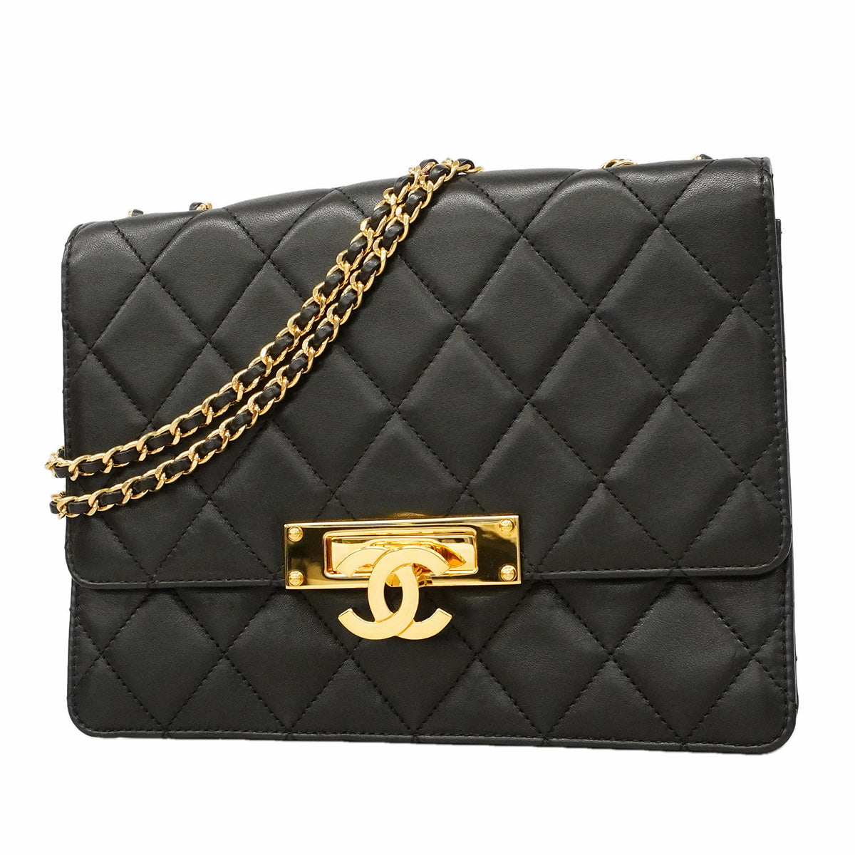 【6ha0043】シャネル ショルダーバッグ マトラッセ Wチェーン ラムスキン ブラック ゴールド金具【中古】レディース