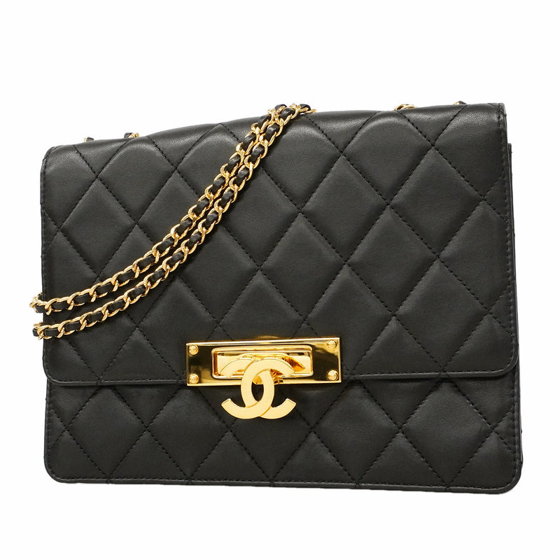 【6ha0043】シャネル ショルダーバッグ マトラッセ Wチェーン ラムスキン ブラック ゴールド金具【中古】レディース