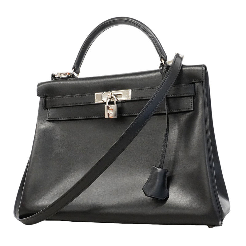 【6hb0086】エルメス ハンドバッグ ケリー32 ボックスカーフ ブラック シルバー金具 □B刻印 2wayバッグ【中古】レディース