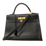 【6hb0093】エルメス ハンドバッグ ケリー32 ボックスカーフ ブラック ゴールド金具 □E刻印 2wayバッグ【中古】レディース