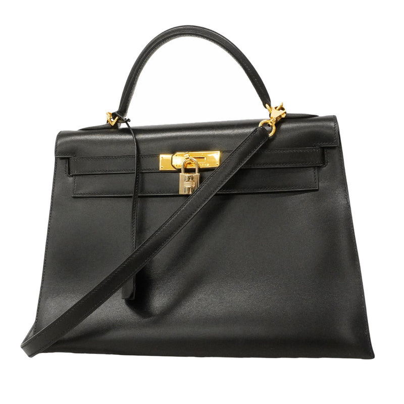 【6hb0093】エルメス ハンドバッグ ケリー32 ボックスカーフ ブラック ゴールド金具 □E刻印 2wayバッグ【中古】レディース