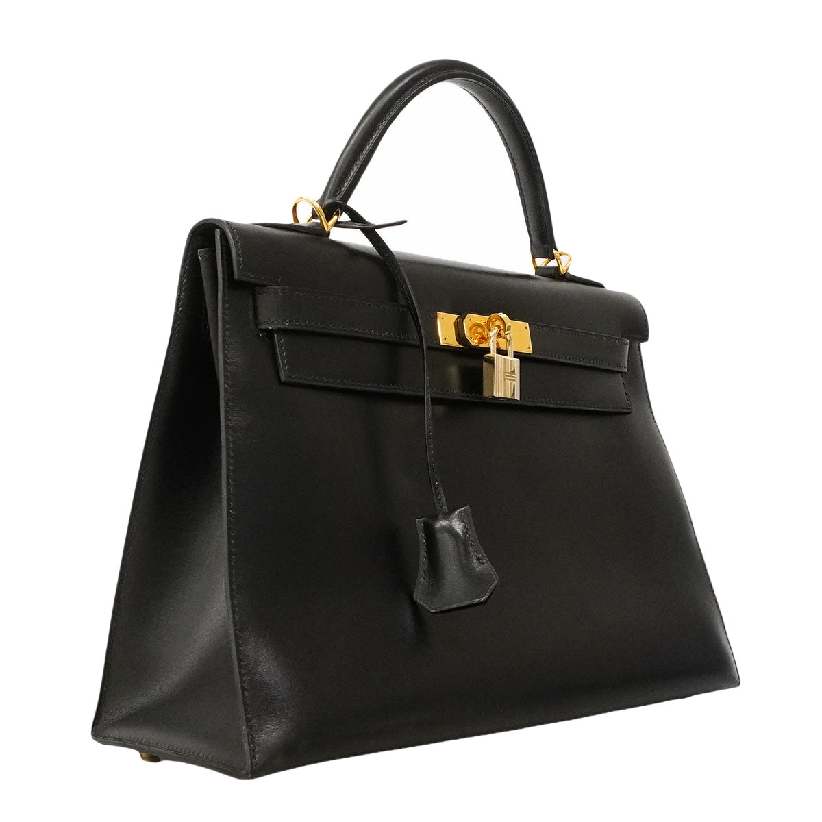 【6hb0093】エルメス ハンドバッグ ケリー32 ボックスカーフ ブラック ゴールド金具 □E刻印 2wayバッグ【中古】レディース
