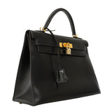 【6hb0093】エルメス ハンドバッグ ケリー32 ボックスカーフ ブラック ゴールド金具 □E刻印 2wayバッグ【中古】レディース