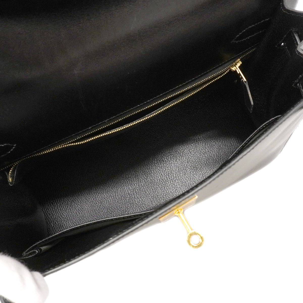 【6hb0093】エルメス ハンドバッグ ケリー32 ボックスカーフ ブラック ゴールド金具 □E刻印 2wayバッグ【中古】レディース