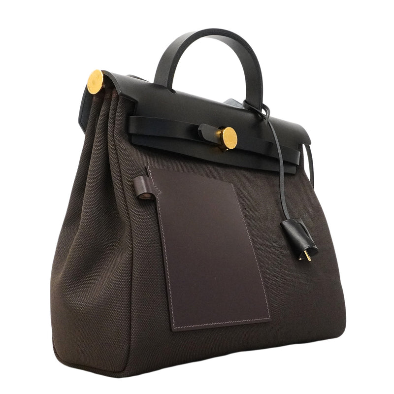 【6hb0095】エルメス ハンドバッグ エールバッグジップポケットPM トワルミリタリー ブラック ブラウン ゴールド金具 G刻印 2wayバッグ【中古】レディース