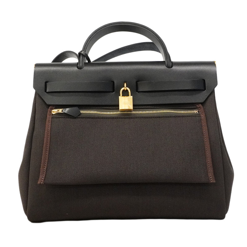 【6hb0095】エルメス ハンドバッグ エールバッグジップポケットPM トワルミリタリー ブラック ブラウン ゴールド金具 G刻印 2wayバッグ【中古】レディース
