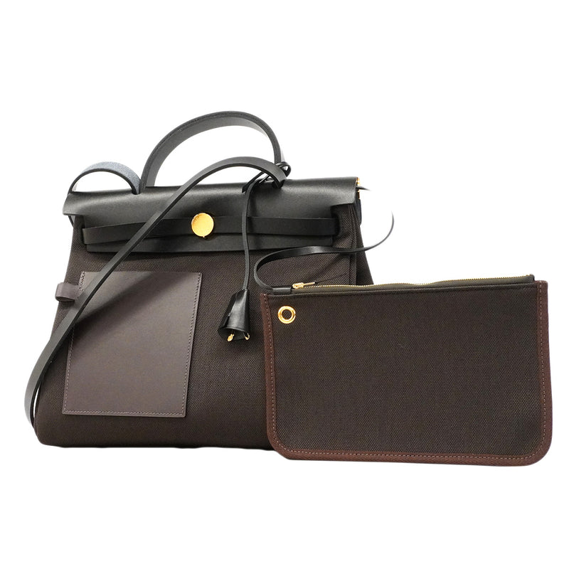 【6hb0095】エルメス ハンドバッグ エールバッグジップポケットPM トワルミリタリー ブラック ブラウン ゴールド金具 G刻印 2wayバッグ【中古】レディース