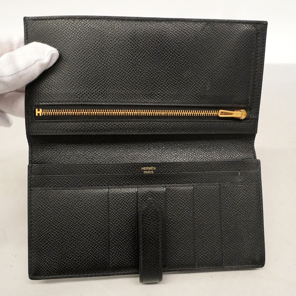 【6hb0173】エルメス 長財布 ベアンスフレ ヴォーエプソン ブラック ゴールド金具 Y刻印【中古】レディース
