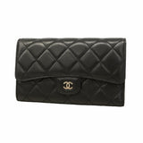 【6hb0199】シャネル 三つ折り長財布 マトラッセ ラムスキン ブラック シルバー金具【中古】レディース