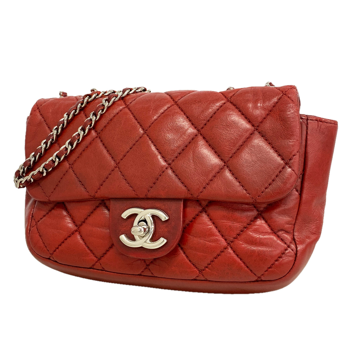 【6hb0301】シャネル ショルダーバッグ ミニマトラッセ Wチェーン ラムスキン レッド シルバー金具【中古】レディース