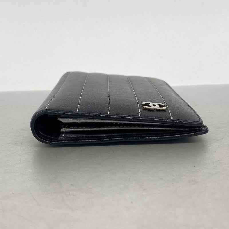 【6hb0372-k】シャネル 長財布 マドモアゼル ラムスキン ブラック シルバー金具【中古】レディース