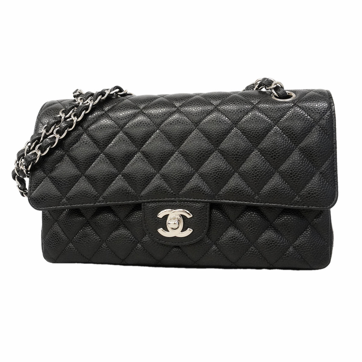 【6hb0511】シャネル ショルダーバッグ マトラッセ Wフラップ Wチェーン キャビアスキン ブラック シルバー金具【中古】レディース