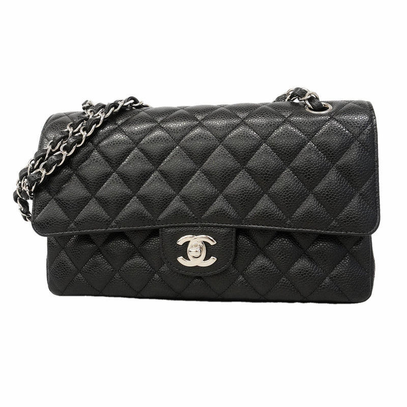 【6hb0511】シャネル ショルダーバッグ マトラッセ Wフラップ Wチェーン キャビアスキン ブラック シルバー金具【中古】レディース