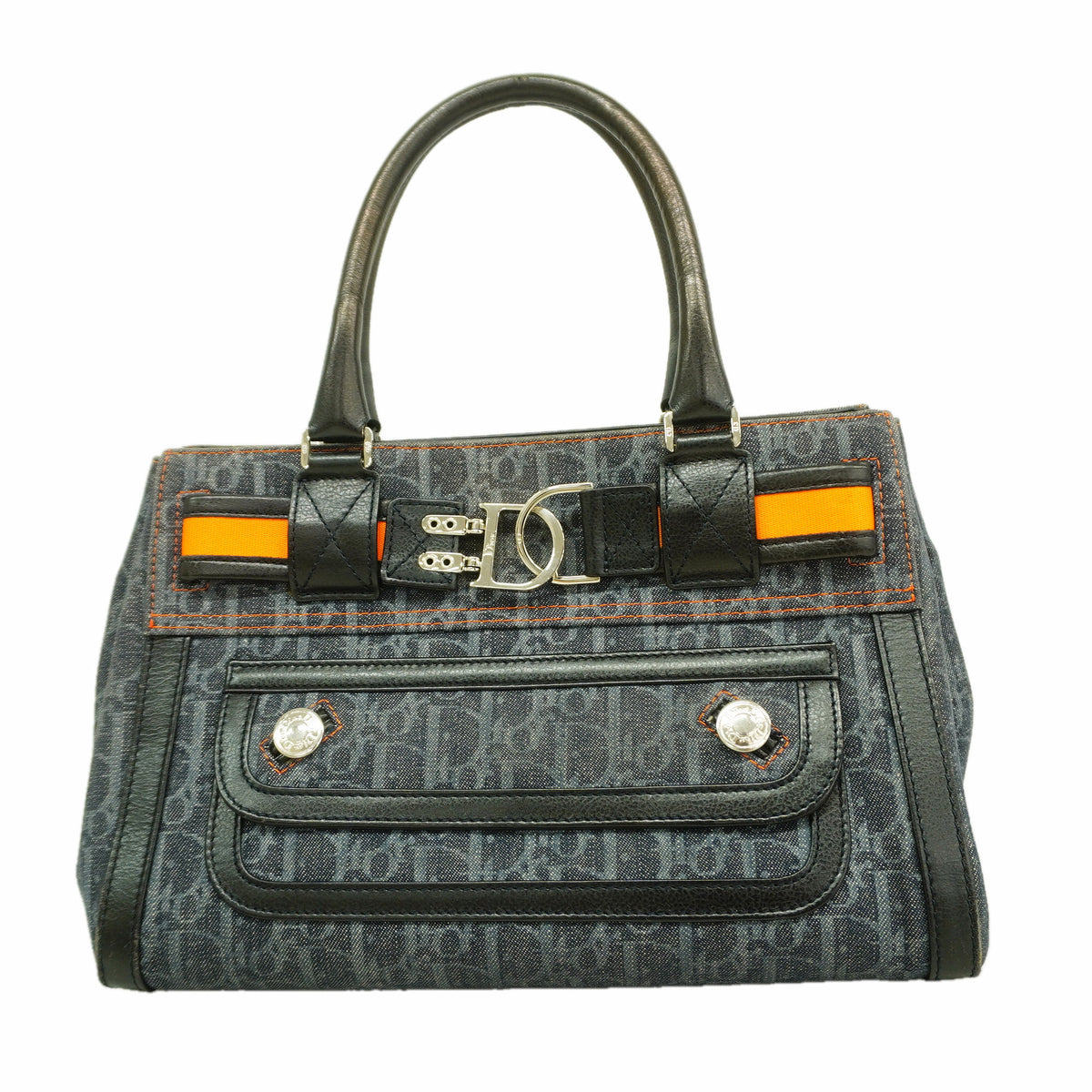 【6hb0545】クリスチャンディオール ハンドバッグ フライトライントロッター デニム ブラック シルバー金具【中古】レディース