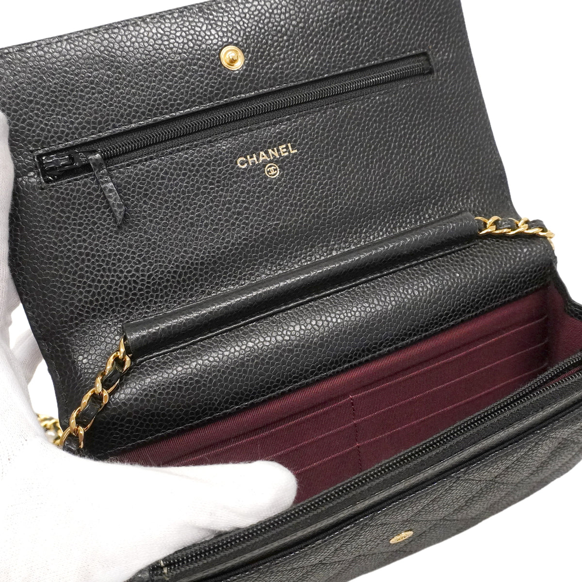 【6hb0557】シャネル ショルダーウォレット マトラッセ チェーンショルダー キャビアスキン ブラック ゴールド金具【中古】レディース