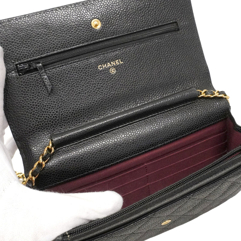 【6hb0557】シャネル ショルダーウォレット マトラッセ チェーンショルダー キャビアスキン ブラック ゴールド金具【中古】レディース