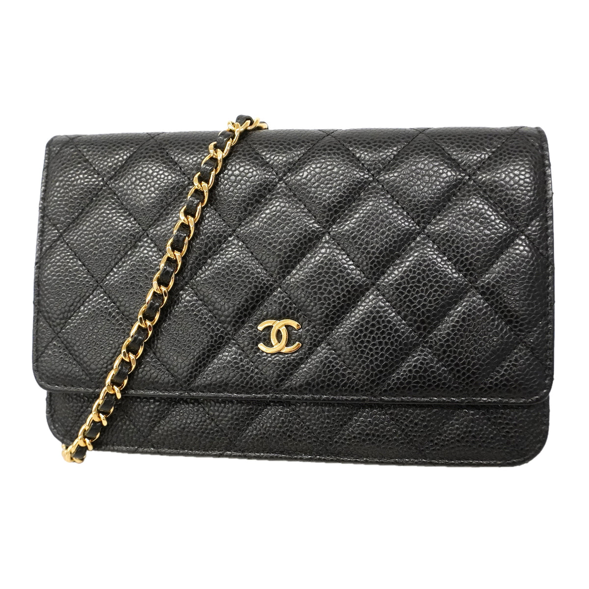 【6hb0557】シャネル ショルダーウォレット マトラッセ チェーンショルダー キャビアスキン ブラック ゴールド金具【中古】レディース