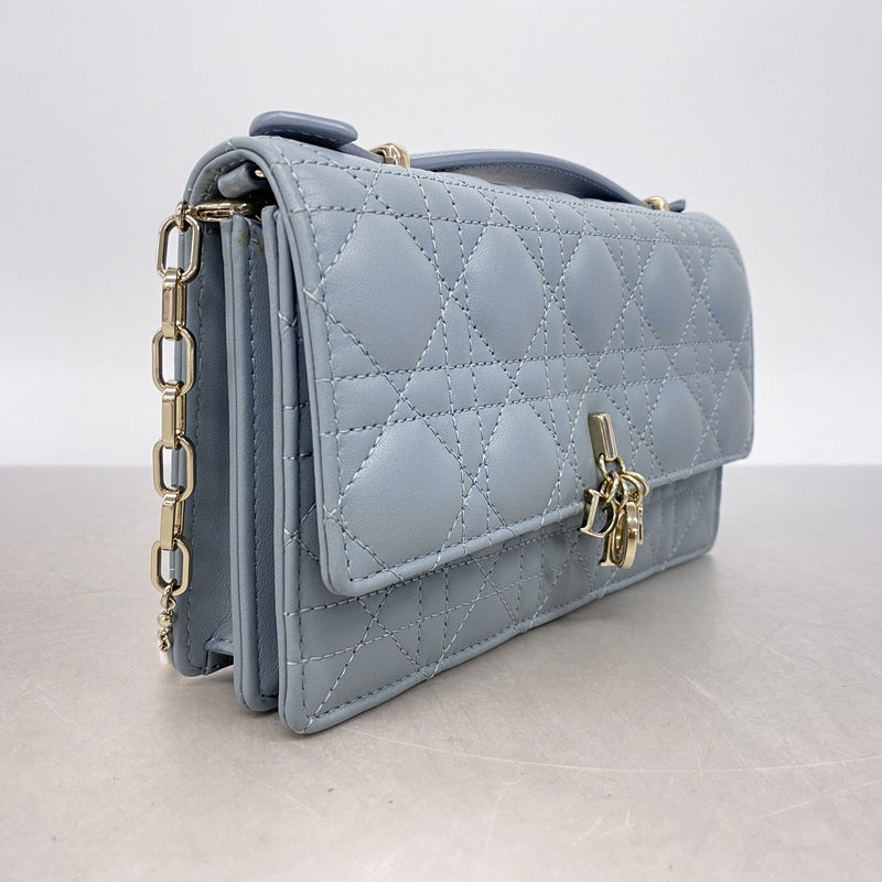 【6hb0561】クリスチャンディオール ハンドバッグ カナージュ レザー ブルー シャンパンゴールド金具 2wayバッグ【中古】レディース