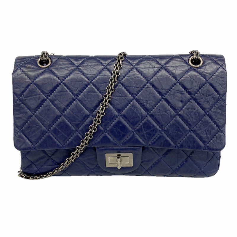 【6hb0644-k】シャネル ショルダーバッグ 2.55/マトラッセ Wフラップ Wチェーン レザー ブルー シルバー金具【中古】レディース