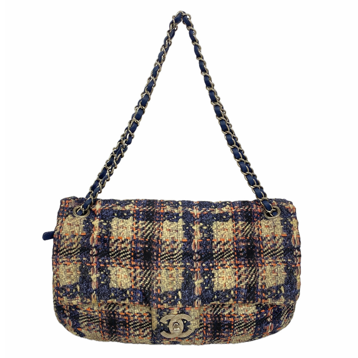 【6hb0646-k】シャネル ショルダーバッグ Wチェーン ナイロン ネイビー ベージュ ピンク シルバー金具【中古】レディース