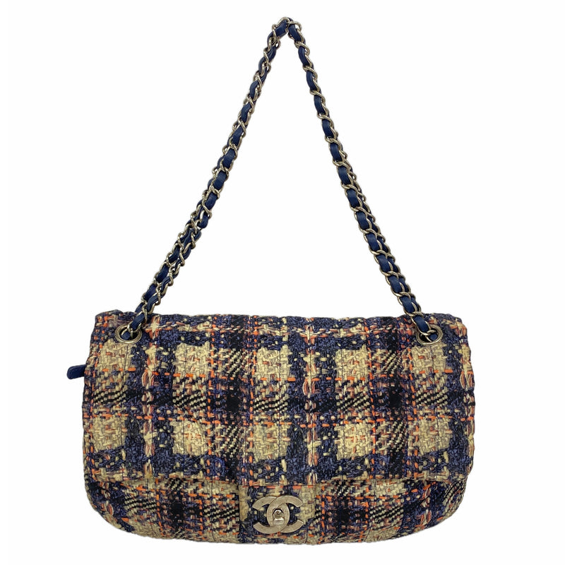 【6hb0646-k】シャネル ショルダーバッグ Wチェーン ナイロン ネイビー ベージュ ピンク シルバー金具【中古】レディース