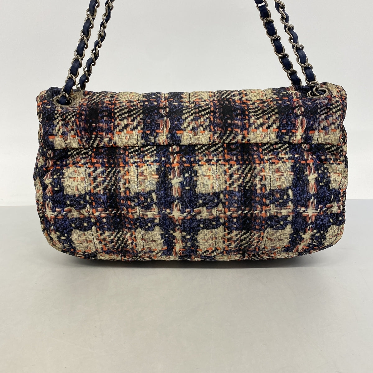 【6hb0646-k】シャネル ショルダーバッグ Wチェーン ナイロン ネイビー ベージュ ピンク シルバー金具【中古】レディース