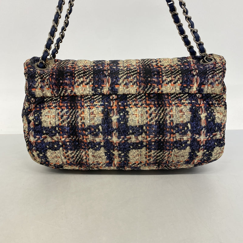 【6hb0646-k】シャネル ショルダーバッグ Wチェーン ナイロン ネイビー ベージュ ピンク シルバー金具【中古】レディース