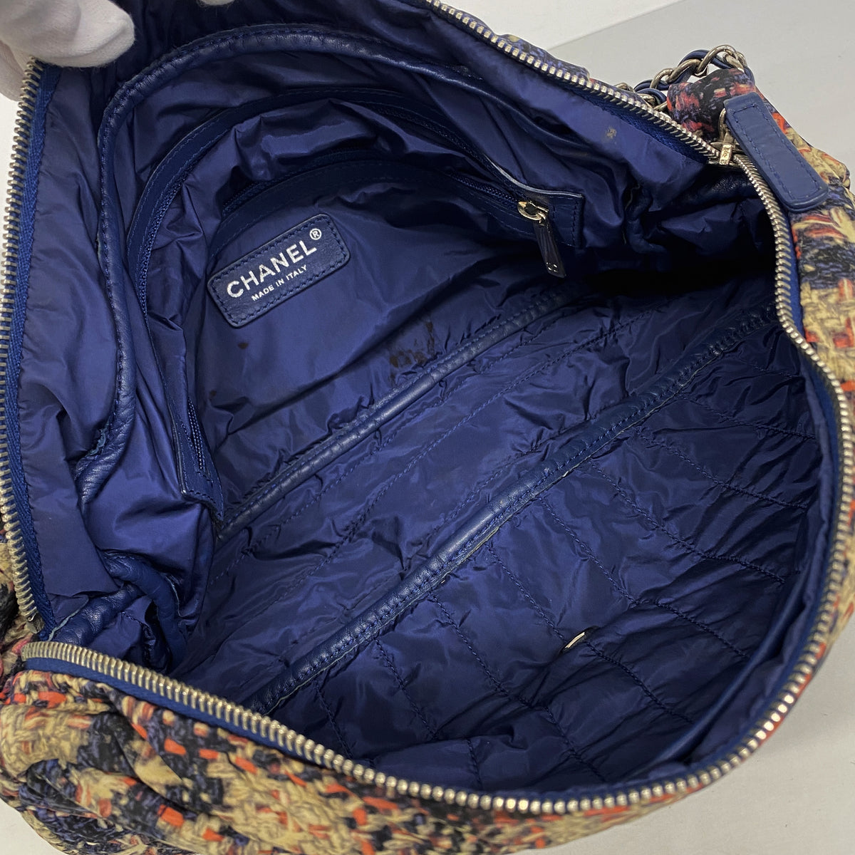 【6hb0646-k】シャネル ショルダーバッグ Wチェーン ナイロン ネイビー ベージュ ピンク シルバー金具【中古】レディース