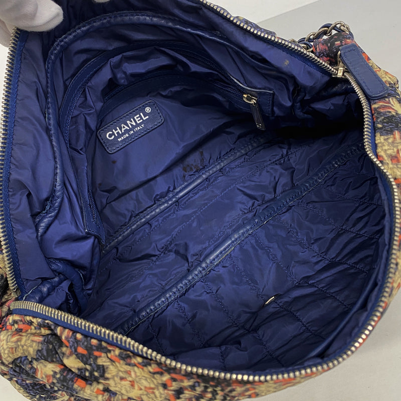 【6hb0646-k】シャネル ショルダーバッグ Wチェーン ナイロン ネイビー ベージュ ピンク シルバー金具【中古】レディース