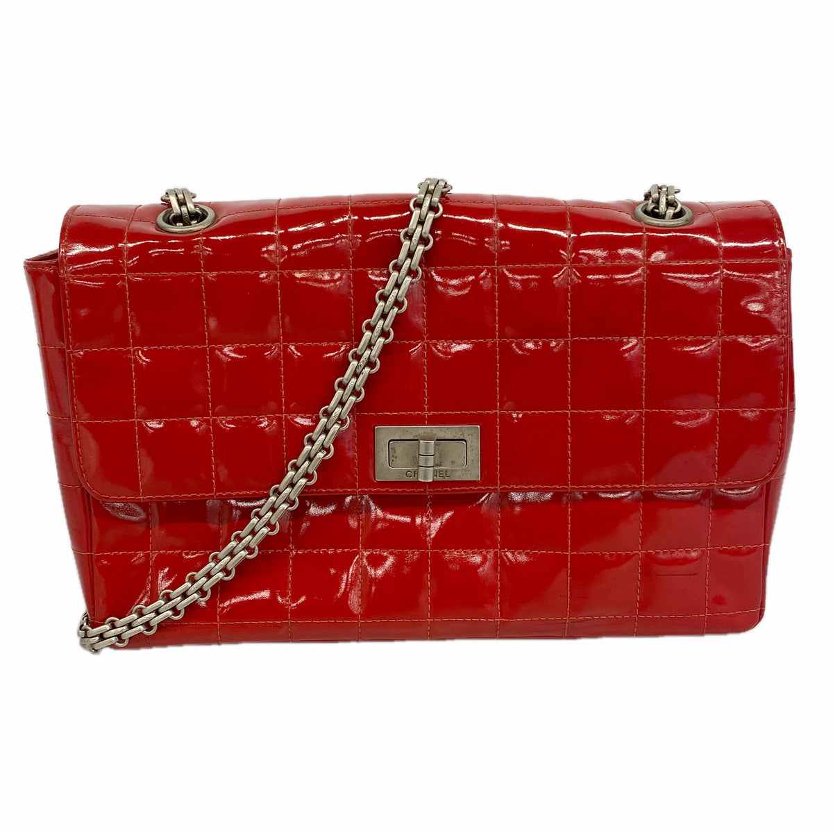 【6hb0648-k】シャネル ショルダーバッグ 2.55/チョコバー Wチェーン パテントレザー レッド シルバー金具【中古】レディース