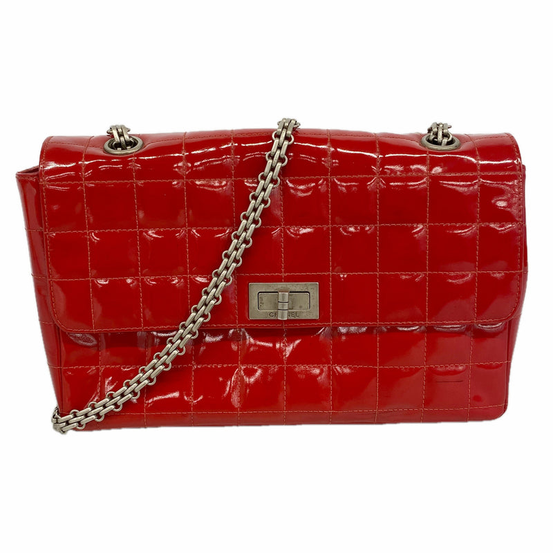 【6hb0648-k】シャネル ショルダーバッグ 2.55/チョコバー Wチェーン パテントレザー レッド シルバー金具【中古】レディース