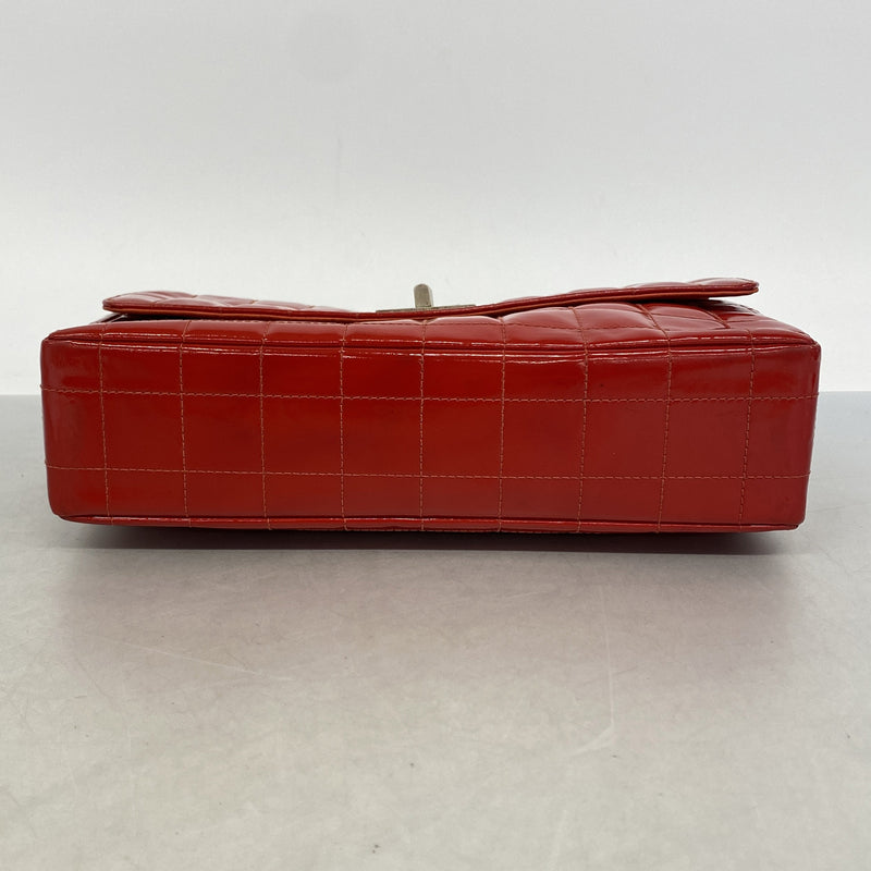【6hb0648-k】シャネル ショルダーバッグ 2.55/チョコバー Wチェーン パテントレザー レッド シルバー金具【中古】レディース