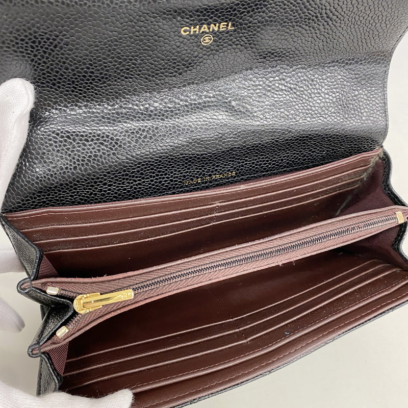 【6hb0695-k】シャネル 長財布 マトラッセ キャビアスキン ブラック ゴールド金具【中古】レディース