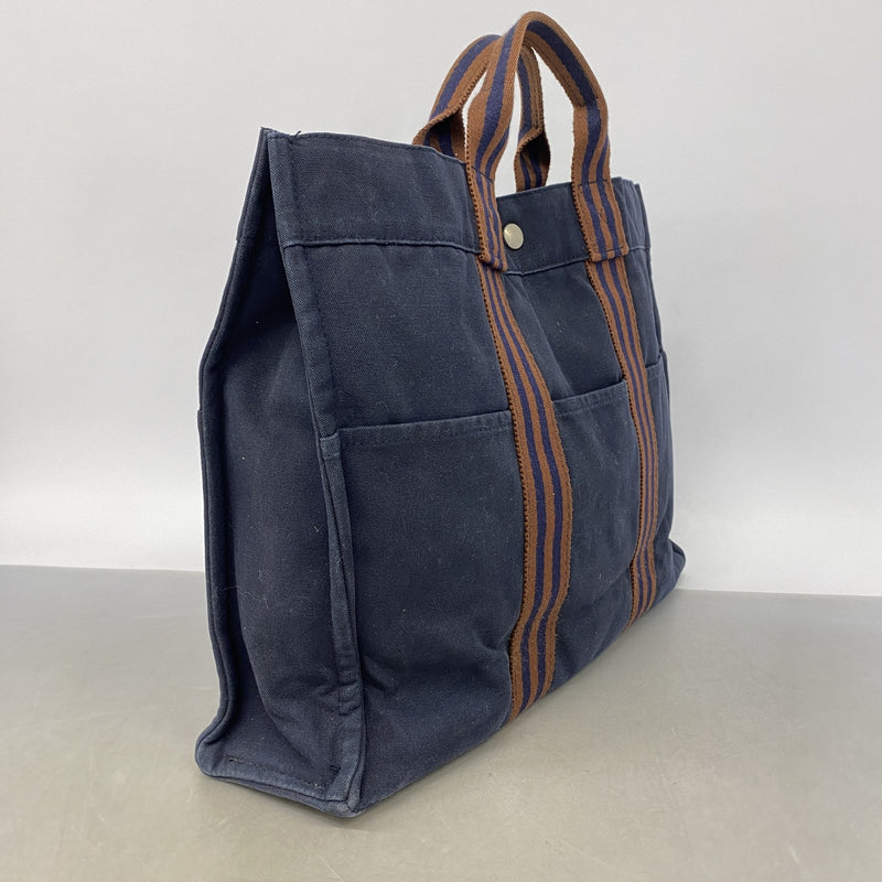 【6hb0697-k】エルメス トートバッグ フールトゥMM キャンバス ネイビー シルバー金具【中古】メンズ レディース ユニセックス