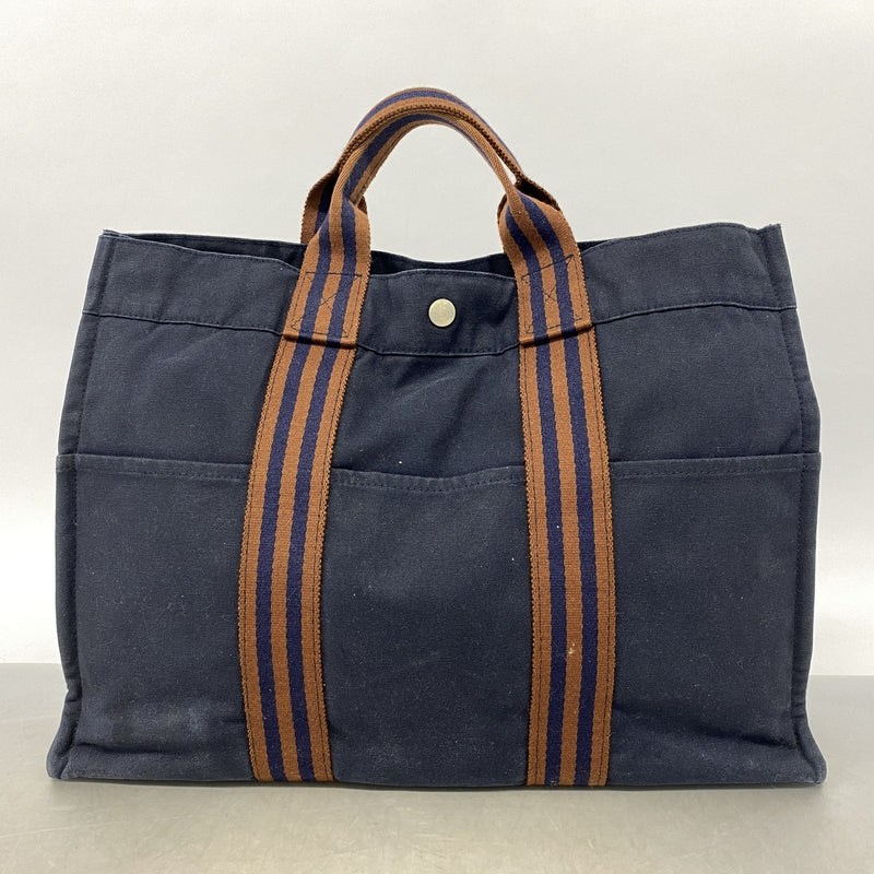 【6hb0697-k】エルメス トートバッグ フールトゥMM キャンバス ネイビー シルバー金具【中古】メンズ レディース ユニセックス