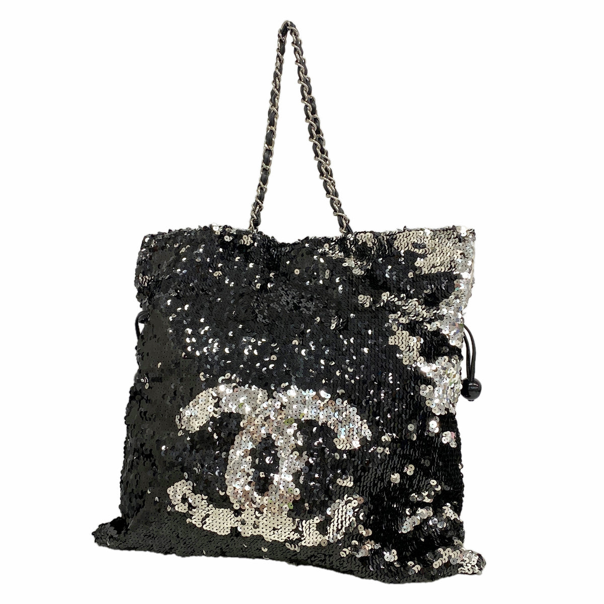 【6hb0713-k】シャネル チェーントート スパンコール レザー ブラック シルバー シルバー金具【中古】レディース