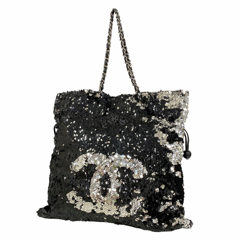 【6hb0713-k】シャネル チェーントート スパンコール レザー ブラック シルバー シルバー金具【中古】レディース