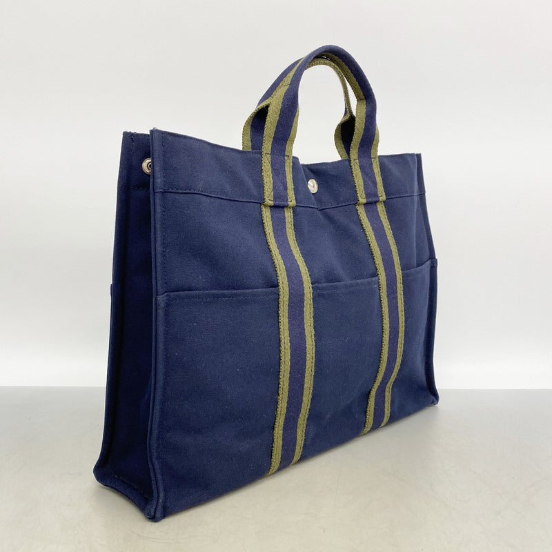 【6hb0725-k】エルメス トートバッグ フールトゥMM キャンバス ネイビー シルバー金具【中古】レディース