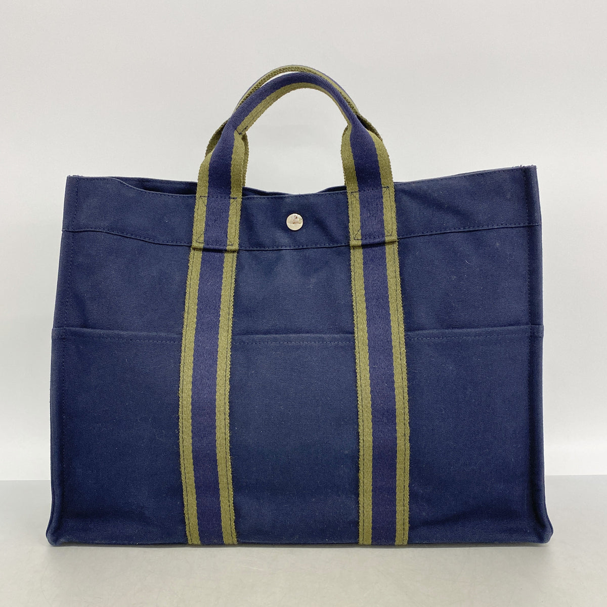 【6hb0725-k】エルメス トートバッグ フールトゥMM キャンバス ネイビー シルバー金具【中古】レディース