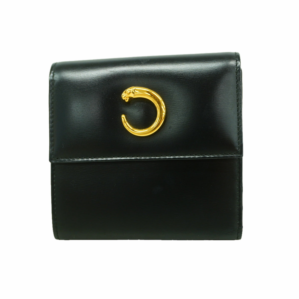 【6hb0901】カルティエ 三つ折り財布 パンテール レザー ブラック ゴールド金具【中古】レディース