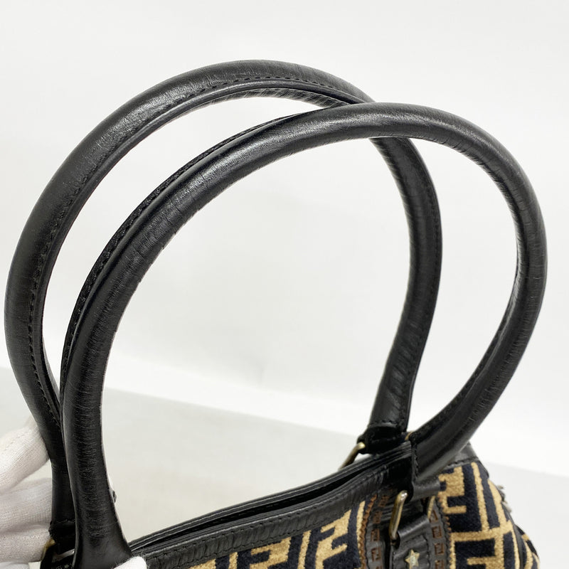 【6hb0914】フェンディ トートバッグ ズッカ エトニコ パイル ブラック ベージュ ゴールド金具【中古】レディース