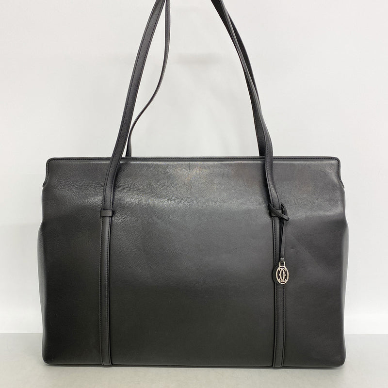 【6hb0916】カルティエ トートバッグ カボション レザー ブラック シルバー金具【中古】レディース