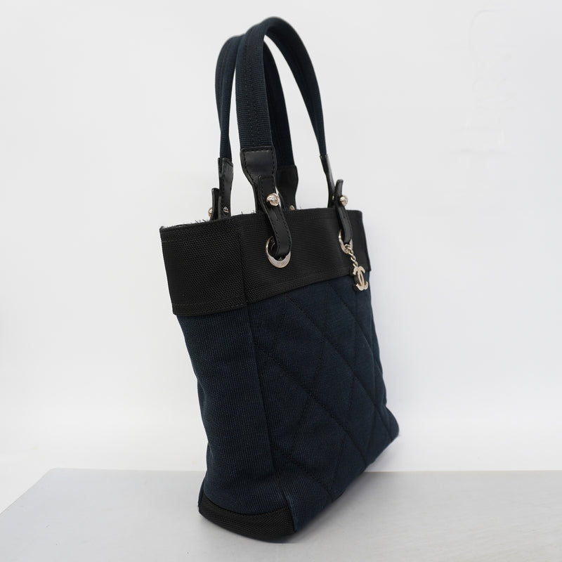 【6hb1055-k】シャネル トートバッグ パリビアリッツ キャンバス ネイビー ブラック シルバー金具【中古】レディース