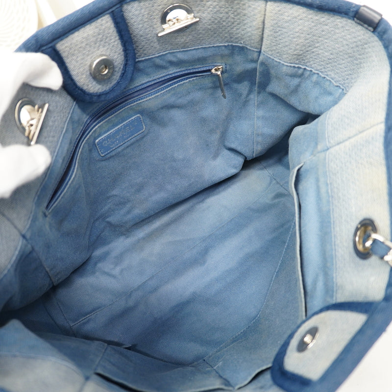【6hb1095-k】シャネル チェーントート ドーヴィル キャンバス ブルー シルバー金具【中古】レディース