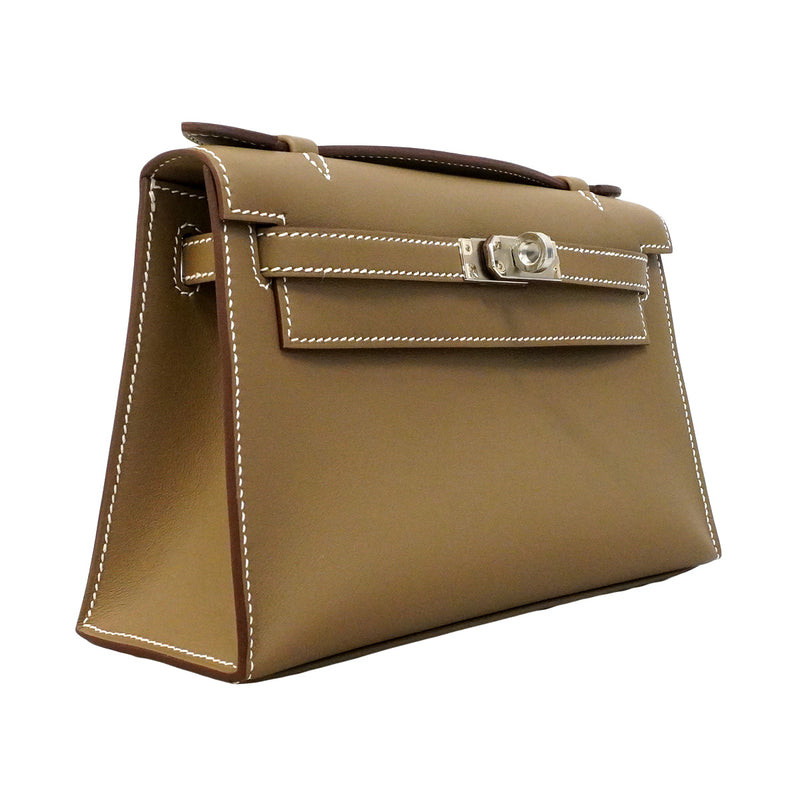 ★SALE【6hb1177-e-g】エルメス ハンドバッグ ポシェットケリー スイフト エトゥープ シルバー金具 G刻印【中古】レディース