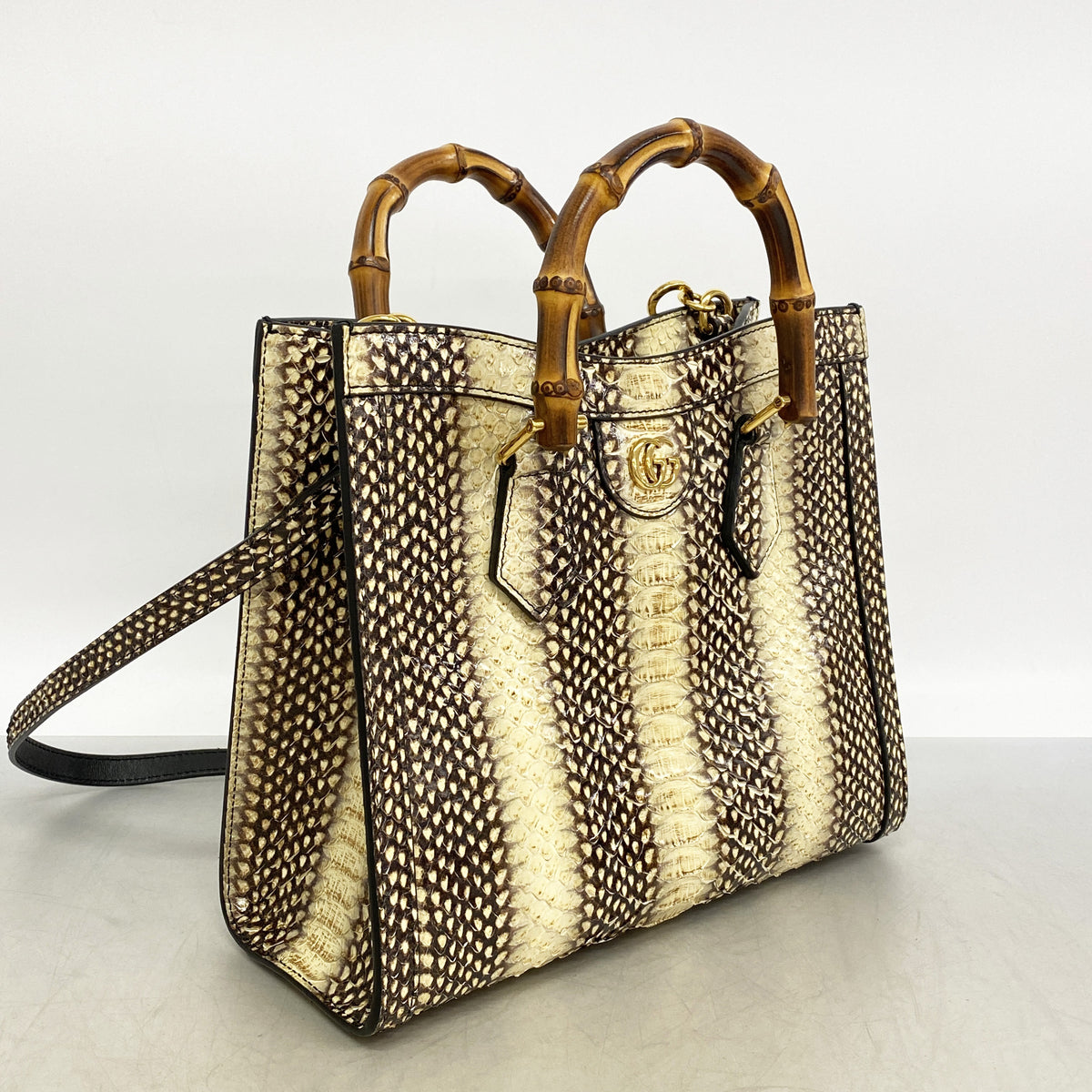 【6hb1216-k】グッチ トートバッグ ダイアナ 660195 パイソン ブラウン ベージュ ゴールド金具 2wayバッグ【中古】レディース