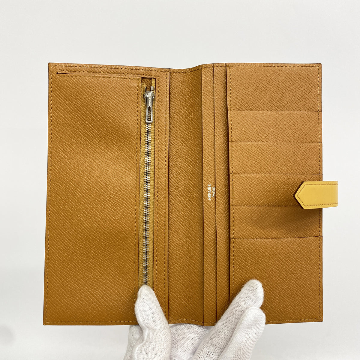 【6hb1227】エルメス 長財布 ベアン タデラクト ヴォーエプソン キャラメル/パイユ シルバー金具 T刻印【中古】レディース