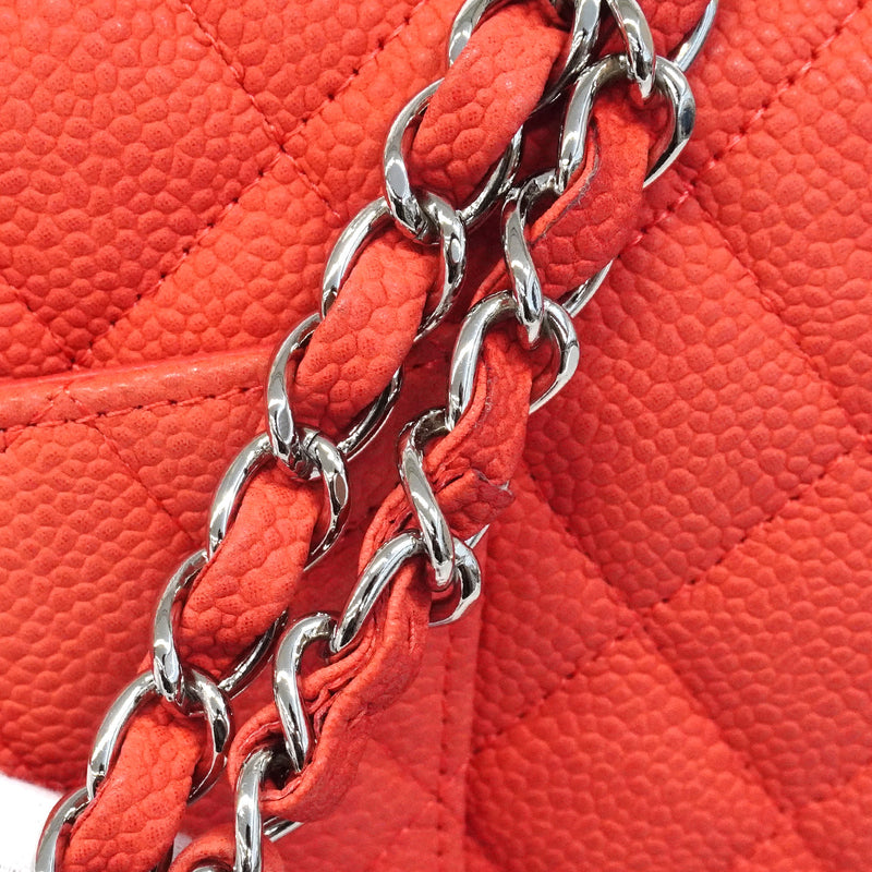 【6hb1356】シャネル ショルダーバッグ マトラッセ Wフラップ Wチェーン キャビアスキン レッド シルバー金具【中古】レディース