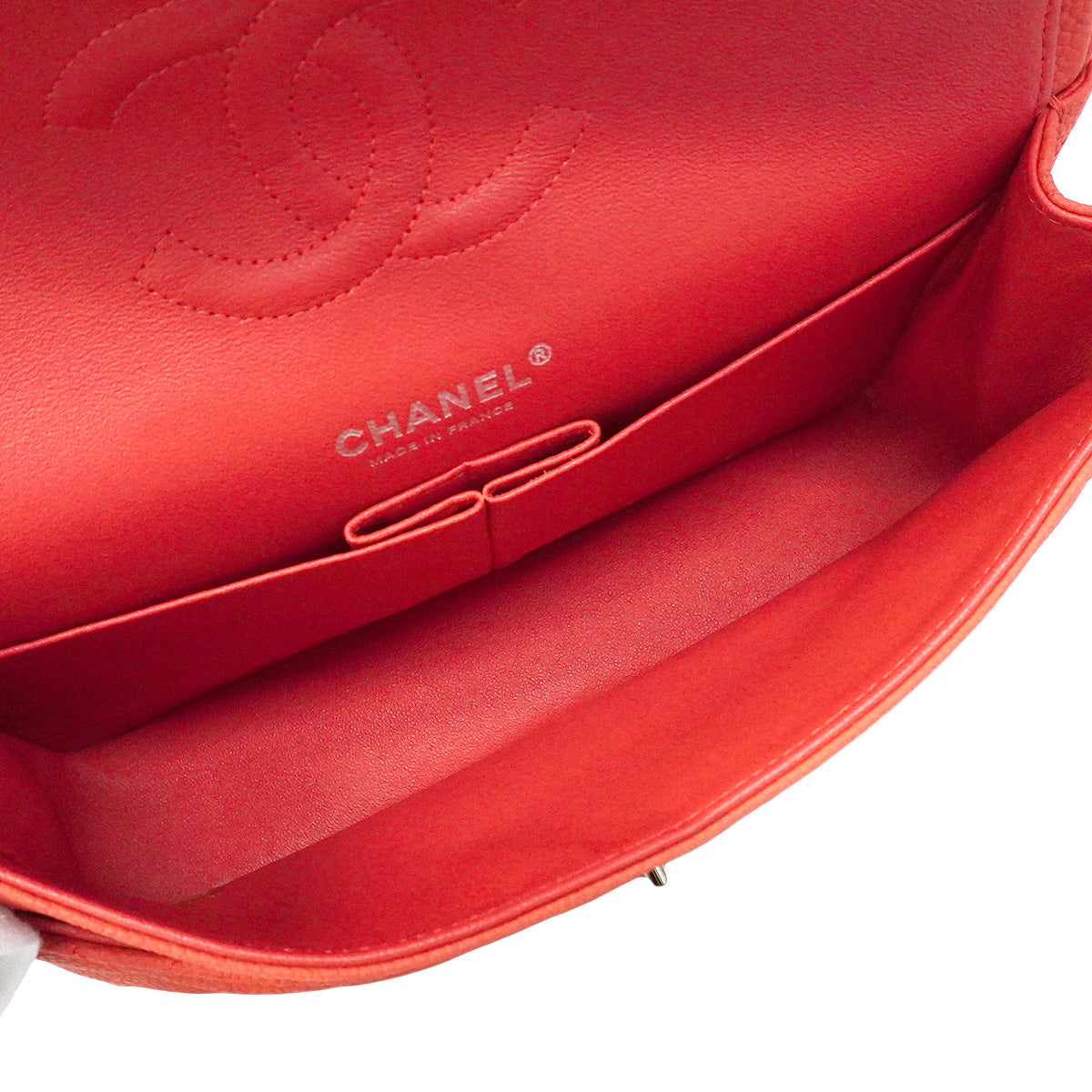 【6hb1356】シャネル ショルダーバッグ マトラッセ Wフラップ Wチェーン キャビアスキン レッド シルバー金具【中古】レディース