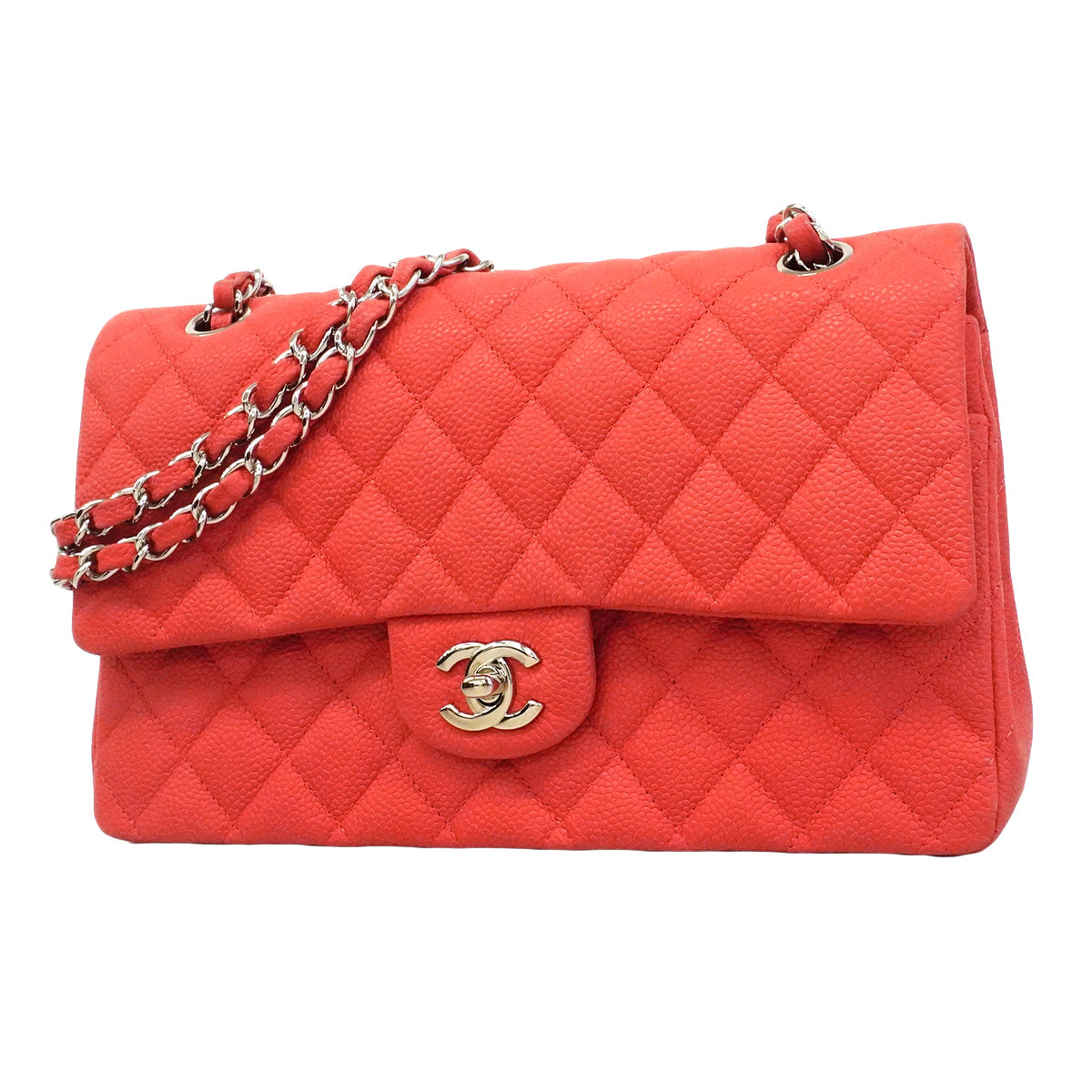 【6hb1356】シャネル ショルダーバッグ マトラッセ Wフラップ Wチェーン キャビアスキン レッド シルバー金具【中古】レディース